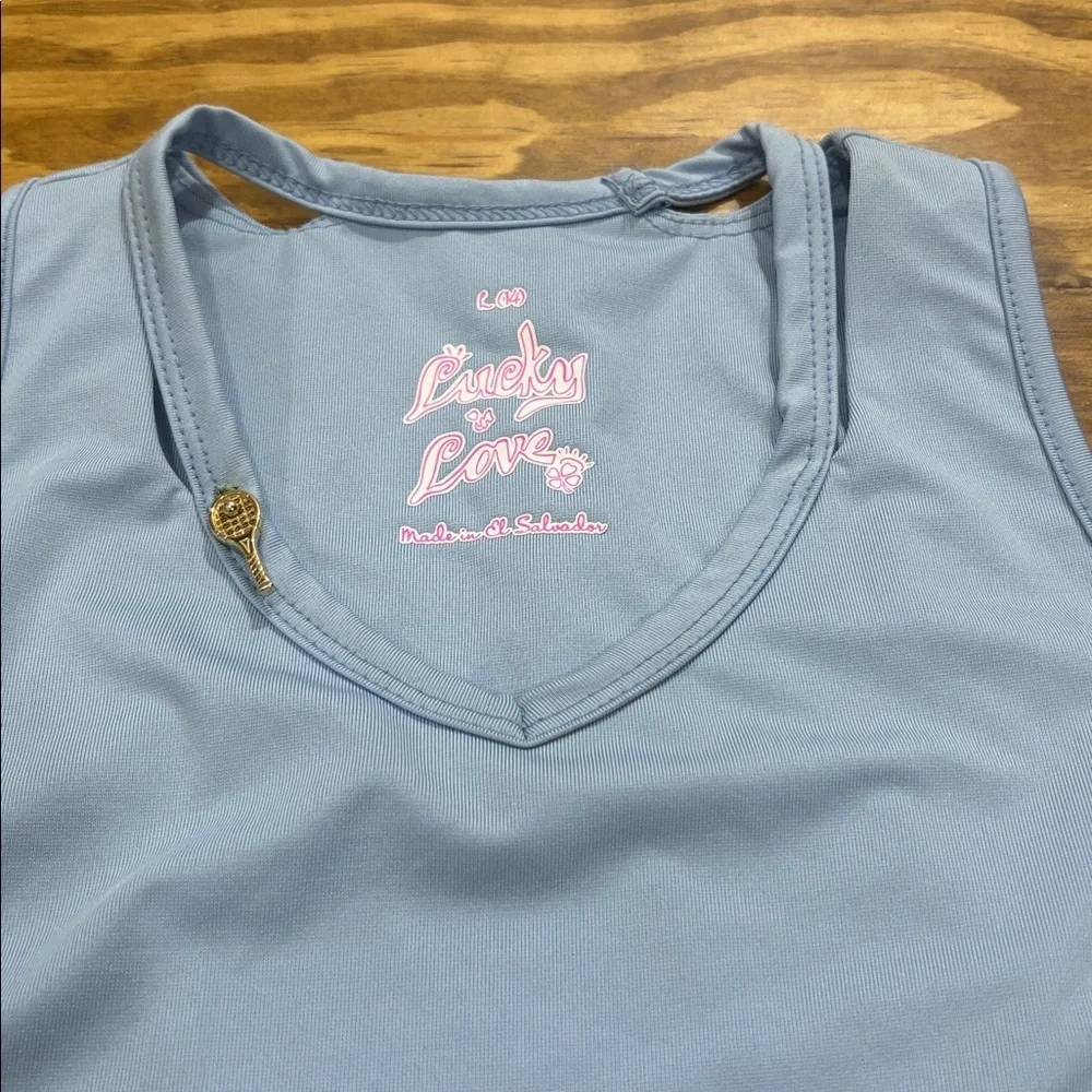Lucky in Love Girls Size Large (14) Blue Tennis Top with Gold Tennis Charm